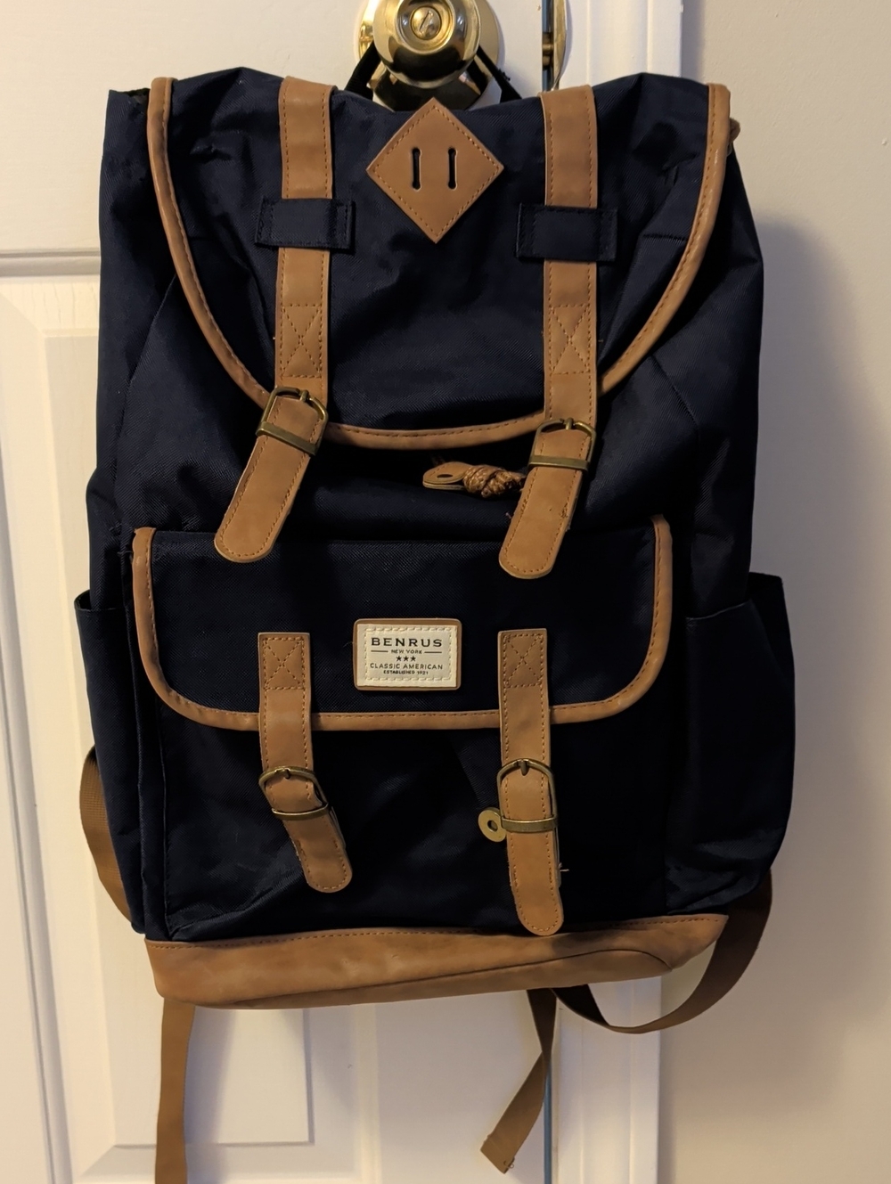 Benrus Navy Canvas Backpack with Brown Trim